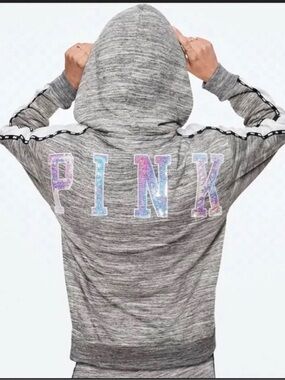 PINK Victoria's Secret Gray Hooded Jacket with Sherpa Trim